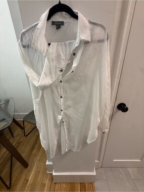 White Long-Sleeve Button-Up Shirt great for a fiver up see through